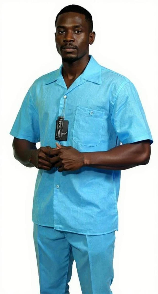 Men’s Turquoise Linen Walking Suit Short Sleeve Shirt and Pants Set – Stylish Summer Casual Outfit