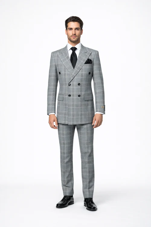 Rossiman Men’s Grey Prince of Wales Check Suit - Glen Plaid Double-Breasted Two-Piece by USA Men's Outlet