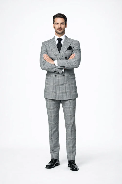 Rossiman Men’s Grey Prince of Wales Check Suit - Glen Plaid Double-Breasted Two-Piece by USA Men's Outlet