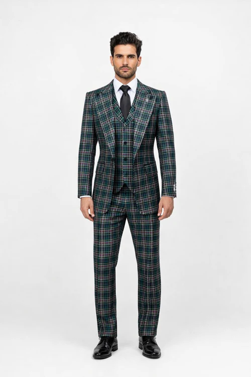 Suits With Baggy Pleated Pants - Wide Leg Pants 100% Wool - Classic Fit in Green Color by Rossiman USA Men's Outlet