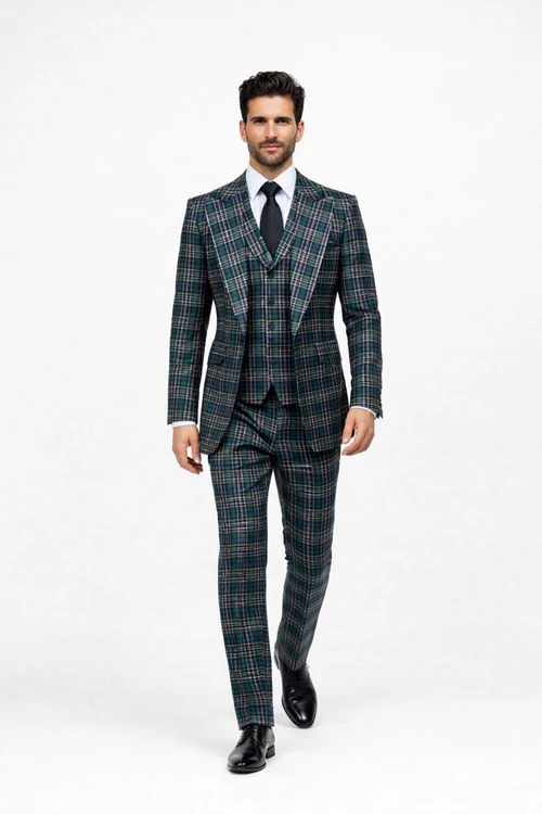 Suits With Baggy Pleated Pants - Wide Leg Pants 100% Wool - Classic Fit in Green Color by Rossiman USA Men's Outlet