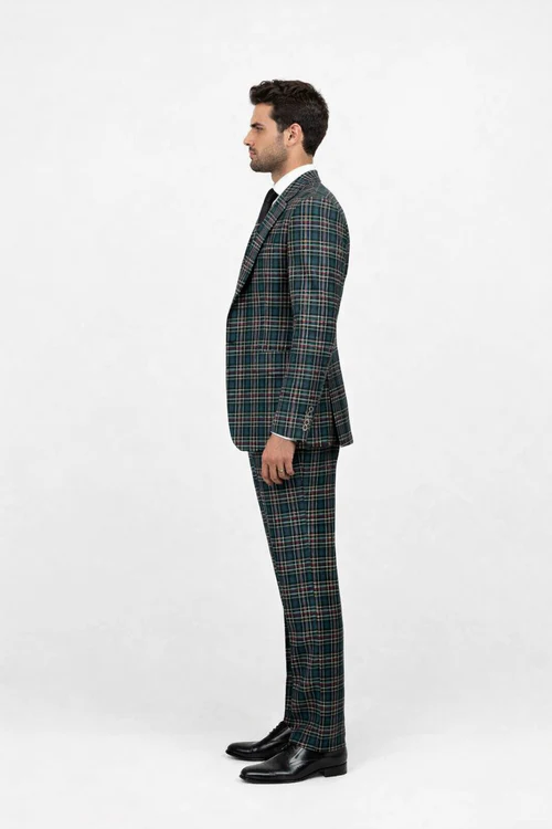 Suits With Baggy Pleated Pants - Wide Leg Pants 100% Wool - Classic Fit in Green Color by Rossiman USA Men's Outlet