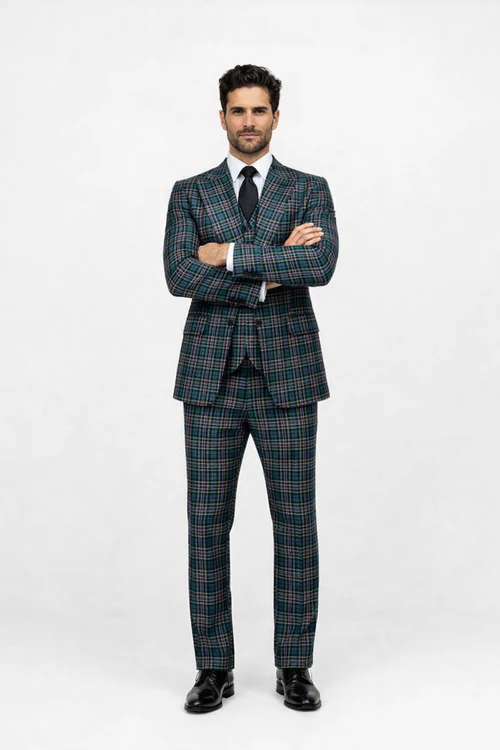 Suits With Baggy Pleated Pants - Wide Leg Pants 100% Wool - Classic Fit in Green Color by Rossiman USA Men's Outlet