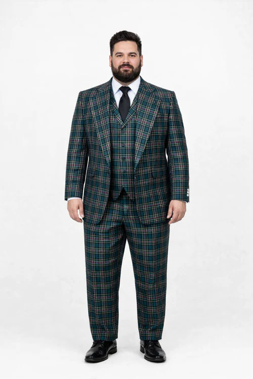 Suits With Baggy Pleated Pants - Wide Leg Pants 100% Wool - Classic Fit in Green Color by Rossiman USA Men's Outlet