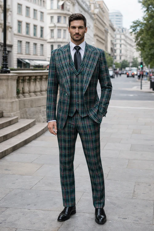 Suits With Baggy Pleated Pants - Wide Leg Pants 100% Wool - Classic Fit in Green Color by Rossiman USA Men's Outlet