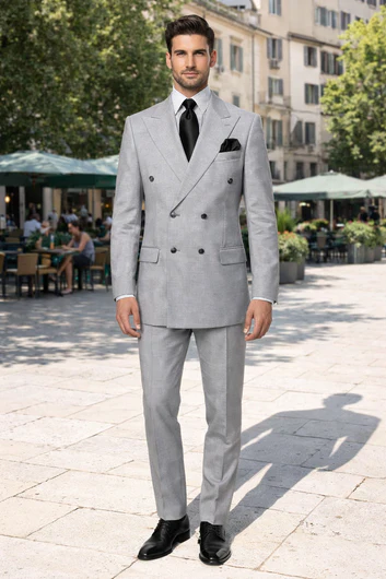 Rossiman Men’s Grey Wool Suit – Classic Fit with Baggy Pleated Wide-Leg Trousers