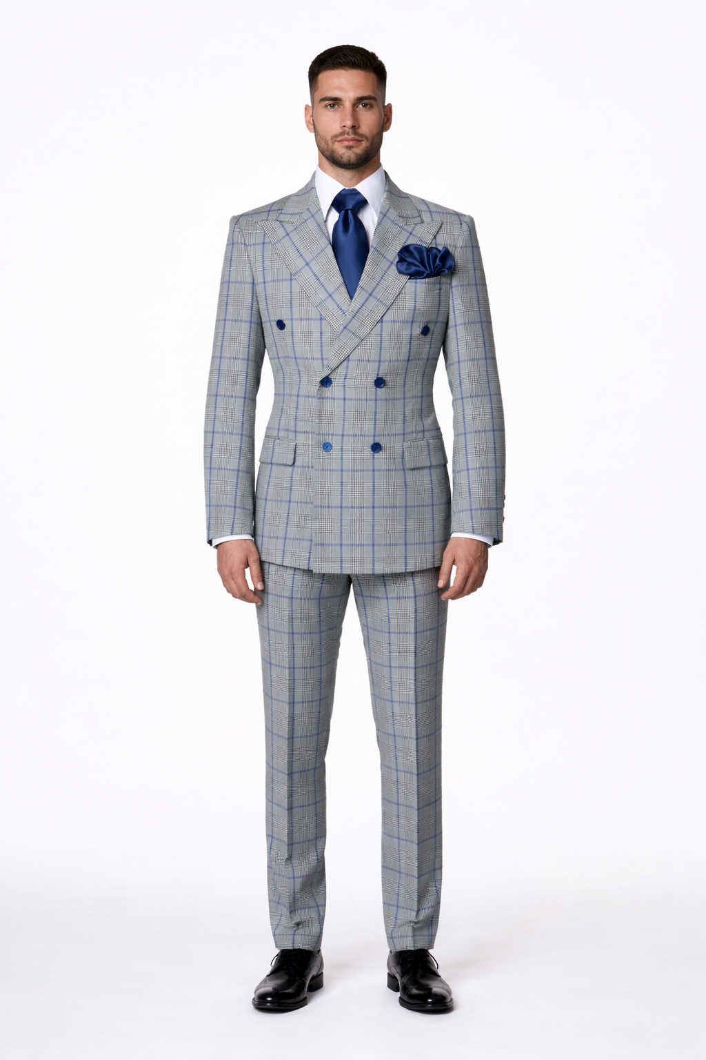 Suits With Baggy Pleated Pants - Wide Leg Pants 100% Wool - Classic Fit in Color Grey with Blue Plaid by Rossiman | USA Men's Outlet