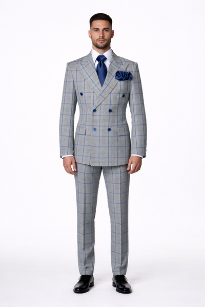 Suits With Baggy Pleated Pants - Wide Leg Pants 100% Wool - Classic Fit in Color Grey with Blue Plaid by Rossiman | USA Men's Outlet