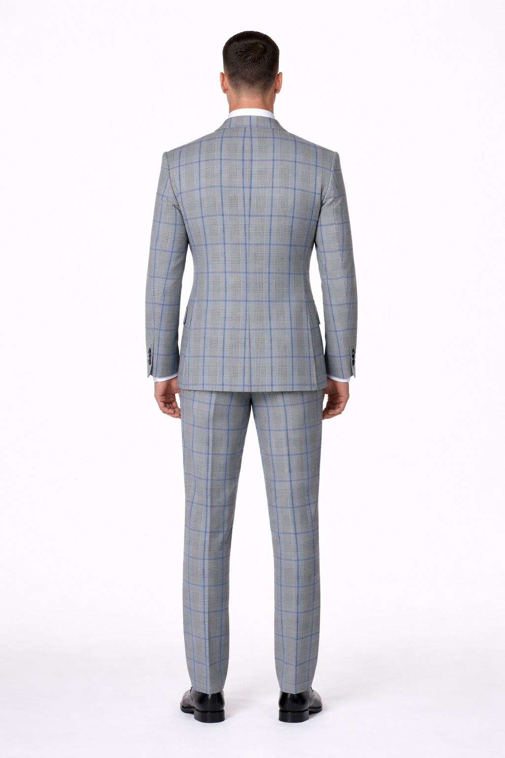 Suits With Baggy Pleated Pants - Wide Leg Pants 100% Wool - Classic Fit in Color Grey with Blue Plaid by Rossiman | USA Men's Outlet