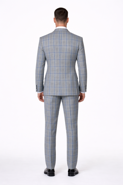 Suits With Baggy Pleated Pants - Wide Leg Pants 100% Wool - Classic Fit in Color Grey with Blue Plaid by Rossiman | USA Men's Outlet