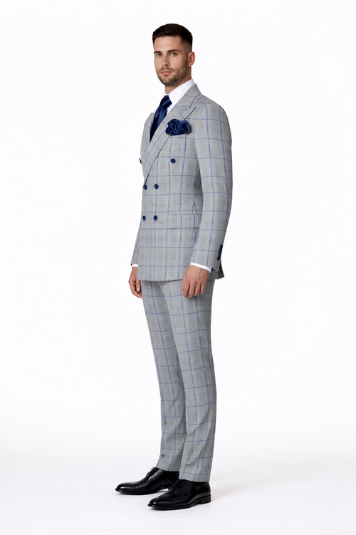 Suits With Baggy Pleated Pants - Wide Leg Pants 100% Wool - Classic Fit in Color Grey with Blue Plaid by Rossiman | USA Men's Outlet
