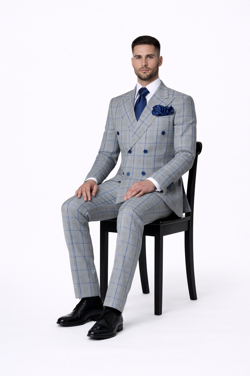 Suits With Baggy Pleated Pants - Wide Leg Pants 100% Wool - Classic Fit in Color Grey with Blue Plaid by Rossiman | USA Men's Outlet