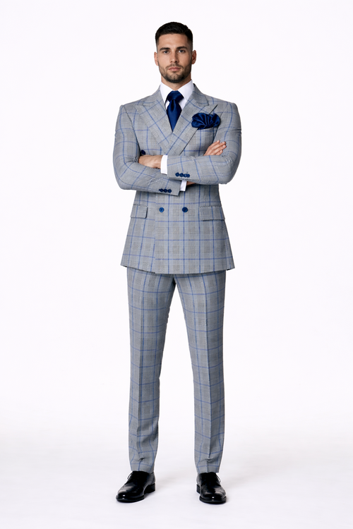 Suits With Baggy Pleated Pants - Wide Leg Pants 100% Wool - Classic Fit in Color Grey with Blue Plaid by Rossiman | USA Men's Outlet