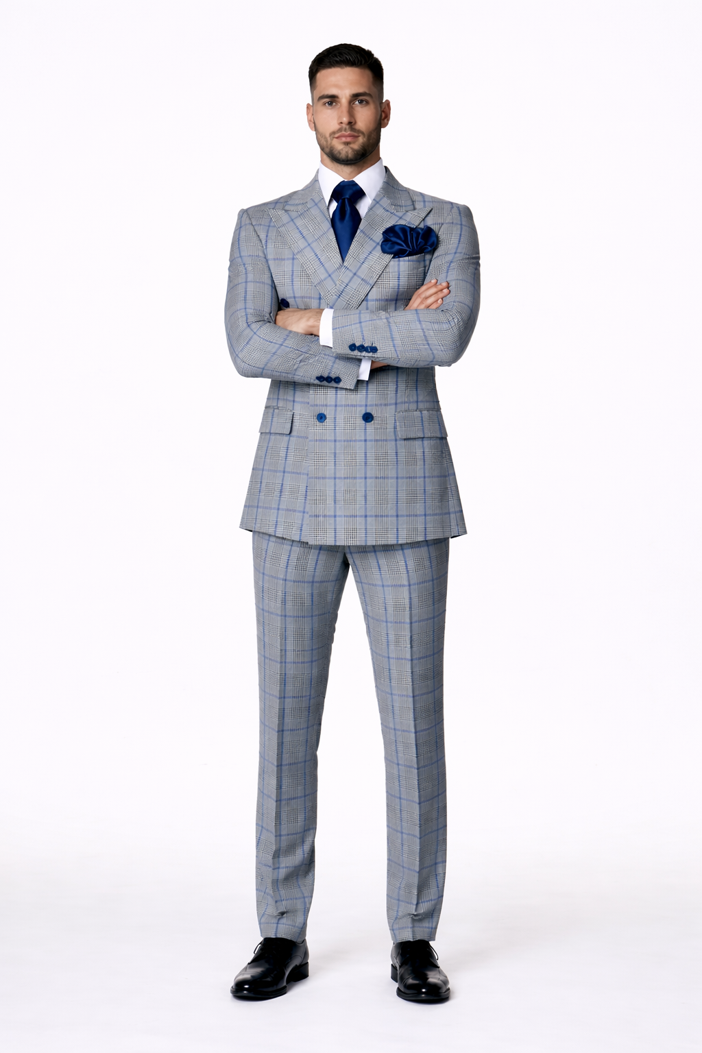 Suits With Baggy Pleated Pants - Wide Leg Pants 100% Wool - Classic Fit in Color Grey with Blue Plaid by Rossiman | USA Men's Outlet
