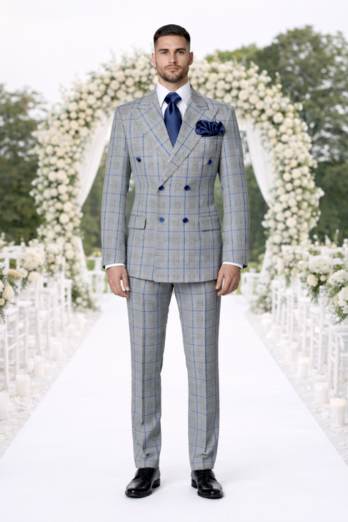 Suits With Baggy Pleated Pants - Wide Leg Pants 100% Wool - Classic Fit in Color Grey with Blue Plaid by Rossiman | USA Men's Outlet