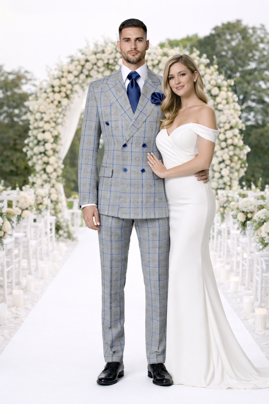 Suits With Baggy Pleated Pants - Wide Leg Pants 100% Wool - Classic Fit in Color Grey with Blue Plaid by Rossiman | USA Men's Outlet