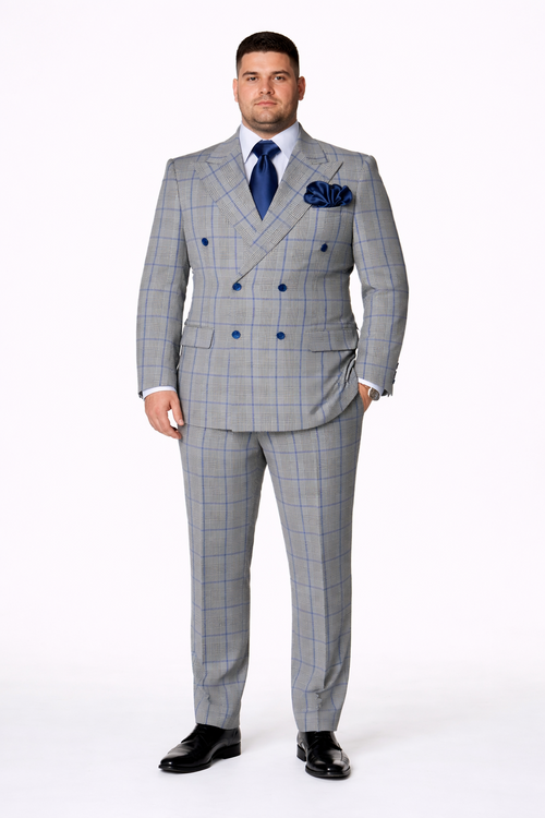 Suits With Baggy Pleated Pants - Wide Leg Pants 100% Wool - Classic Fit in Color Grey with Blue Plaid by Rossiman | USA Men's Outlet