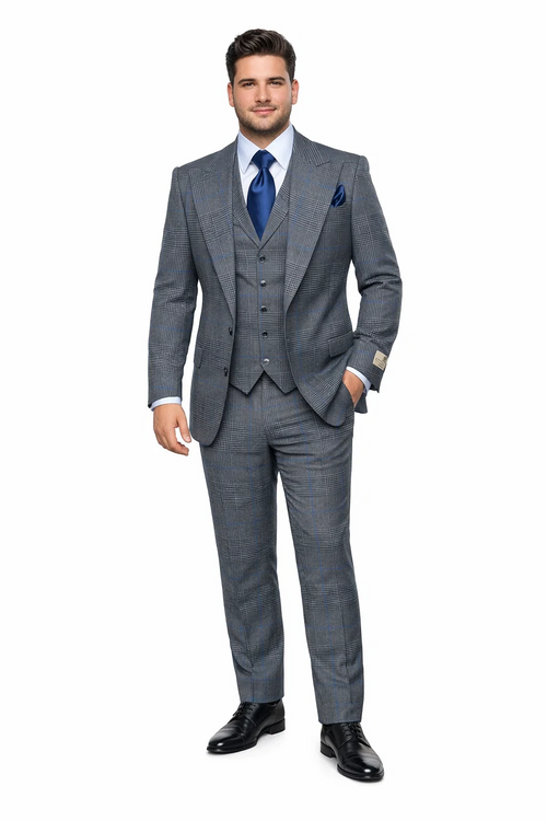 Suits With Baggy Pleated Pants - Wide Leg Pants 100% Wool - Classic Fit Gray Color by Rossiman USA Men's Outlet