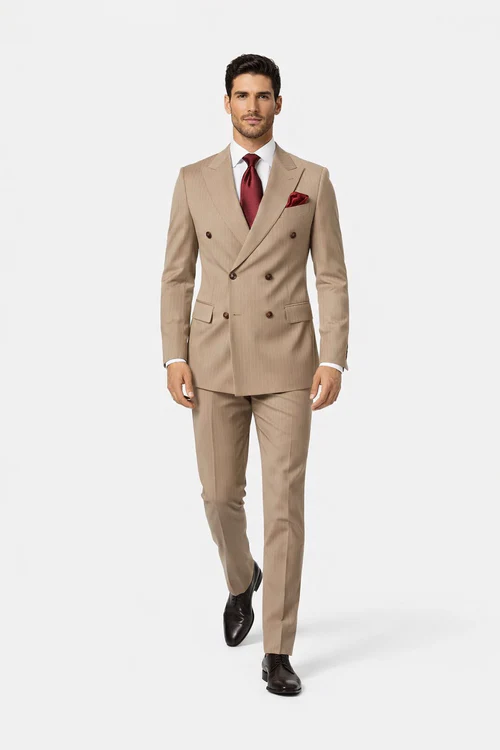 Rossiman Men’s Light Brown Wool Suit – Classic Fit with Baggy Pleated Wide-Leg Trousers