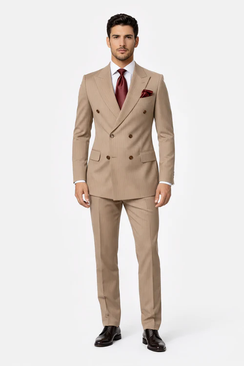 Rossiman Men’s Light Brown Wool Suit – Classic Fit with Baggy Pleated Wide-Leg Trousers