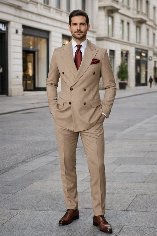 Rossiman Men’s Light Brown Wool Suit – Classic Fit with Baggy Pleated Wide-Leg Trousers