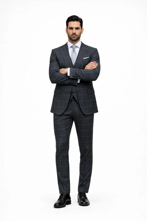 Suits With Baggy Pleated Pants - Wide Leg Pants 100% Wool - Classic Fit in Navy by Rossiman at USA Men's Outlet