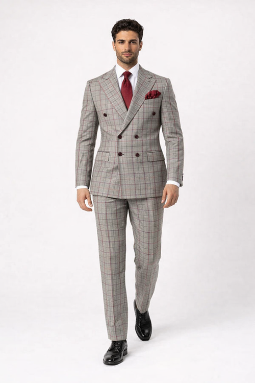 Suits With Baggy Pleated Pants - Wide Leg Pants 100% Wool - Classic Fit in Color Grey with Red Plaid by Rossiman - USA Men's Outlet