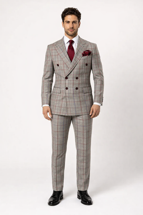 Suits With Baggy Pleated Pants - Wide Leg Pants 100% Wool - Classic Fit in Color Grey with Red Plaid by Rossiman - USA Men's Outlet