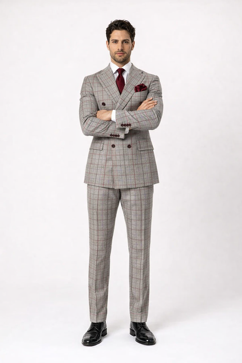 Suits With Baggy Pleated Pants - Wide Leg Pants 100% Wool - Classic Fit in Color Grey with Red Plaid by Rossiman - USA Men's Outlet
