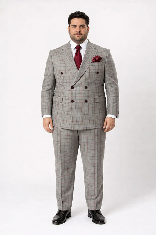 Suits With Baggy Pleated Pants - Wide Leg Pants 100% Wool - Classic Fit in Color Grey with Red Plaid by Rossiman - USA Men's Outlet