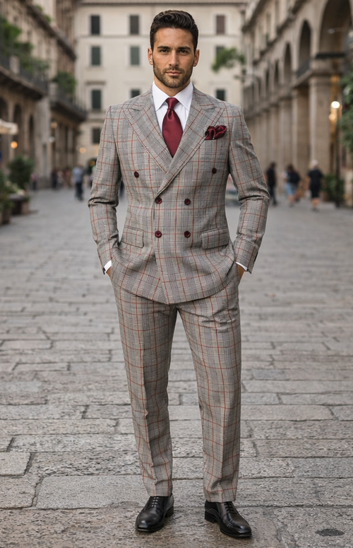 Suits With Baggy Pleated Pants - Wide Leg Pants 100% Wool - Classic Fit in Color Grey with Red Plaid by Rossiman - USA Men's Outlet