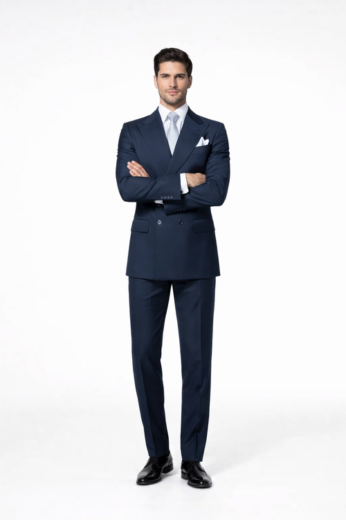 Suits With Baggy Pleated Pants - Wide Leg Pants 100% Wool - Classic Fit in Navy Color by Rossiman USA Men's Outlet