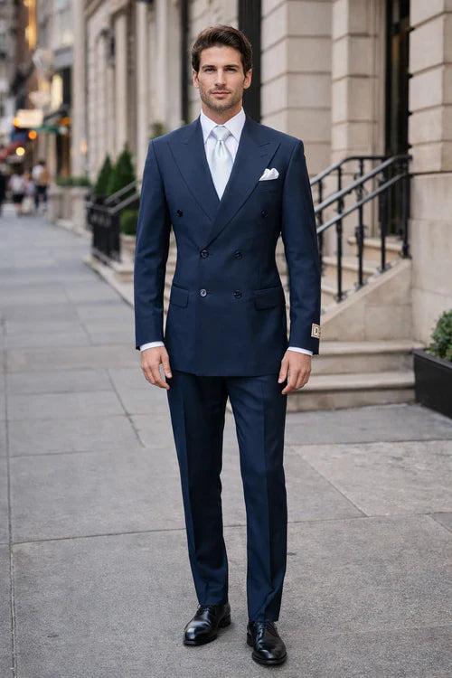 Suits With Baggy Pleated Pants - Wide Leg Pants 100% Wool - Classic Fit in Navy Color by Rossiman USA Men's Outlet