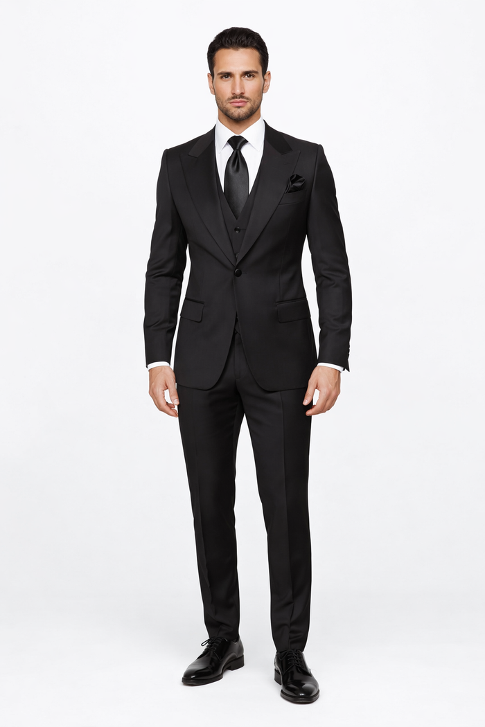 Suits With Baggy Pleated Pants - Wide Leg Pants 100% Wool - Classic Fit in Black Color by Rossiman USA Men's Outlet