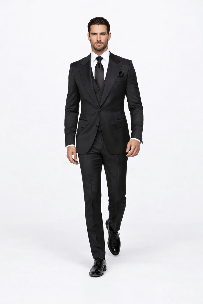 Suits With Baggy Pleated Pants - Wide Leg Pants 100% Wool - Classic Fit in Black Color by Rossiman USA Men's Outlet