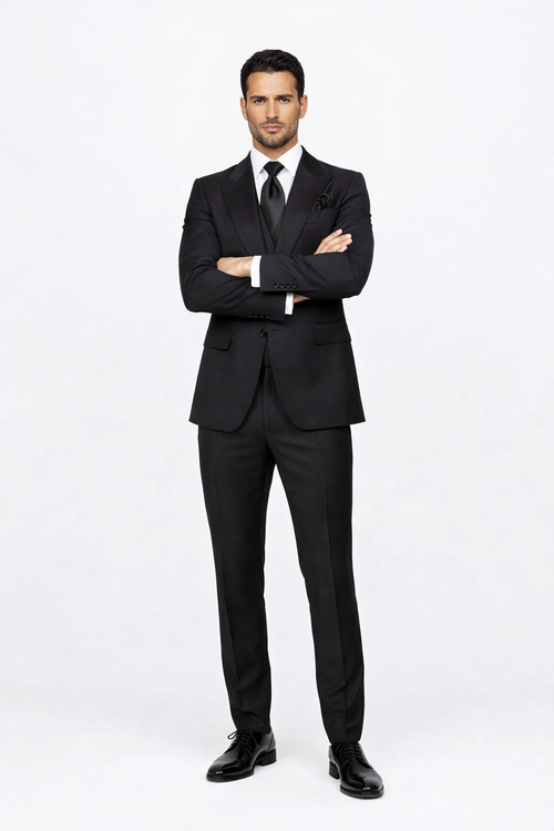 Suits With Baggy Pleated Pants - Wide Leg Pants 100% Wool - Classic Fit in Black Color by Rossiman USA Men's Outlet