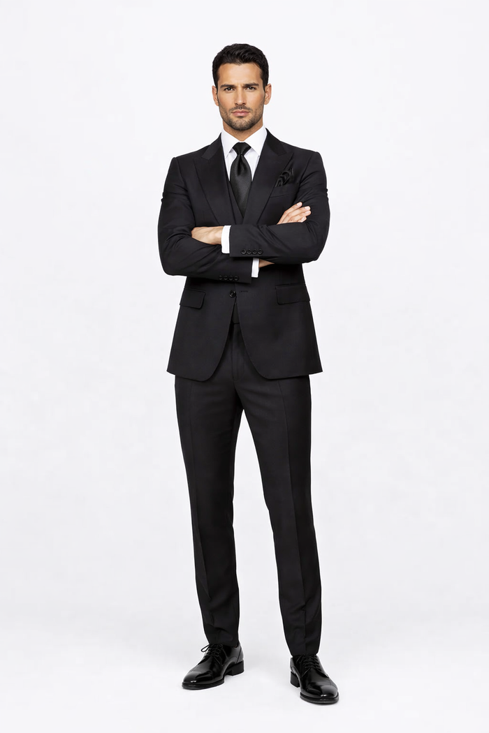 Suits With Baggy Pleated Pants - Wide Leg Pants 100% Wool - Classic Fit in Black Color by Rossiman USA Men's Outlet