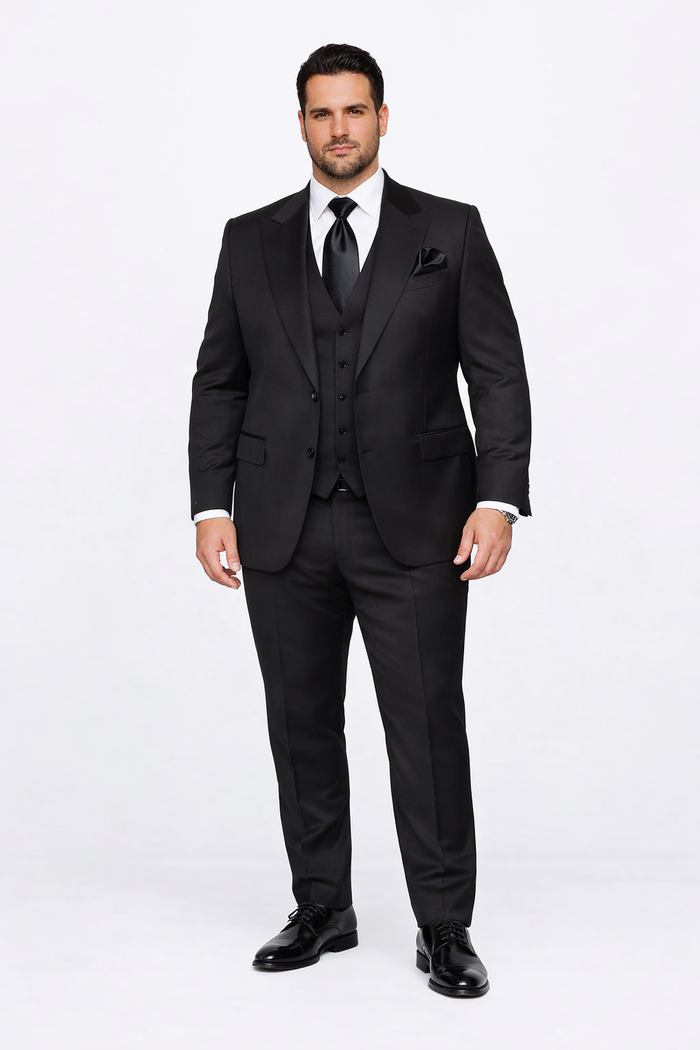 Suits With Baggy Pleated Pants - Wide Leg Pants 100% Wool - Classic Fit in Black Color by Rossiman USA Men's Outlet