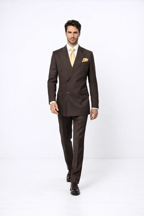 Suits With Baggy Pleated Pants - Wide Leg Pants 100% Wool - Classic Fit in Brown Color by Rossiman USA Men's Outlet