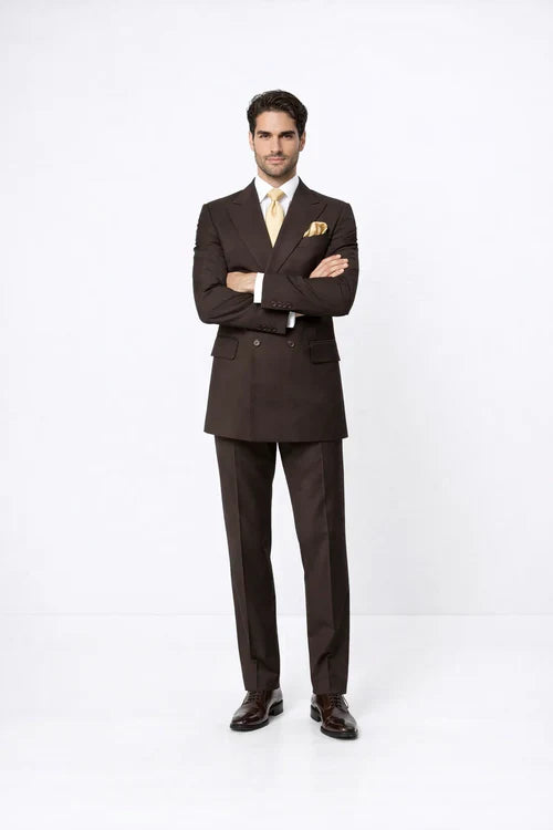 Suits With Baggy Pleated Pants - Wide Leg Pants 100% Wool - Classic Fit in Brown Color by Rossiman USA Men's Outlet
