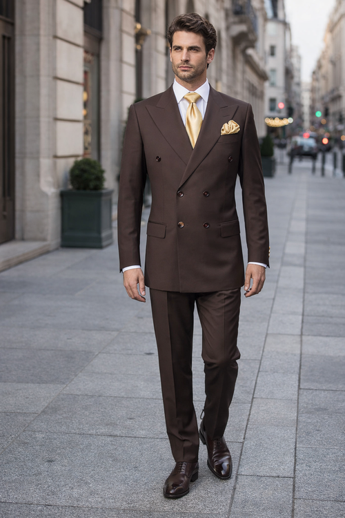 Suits With Baggy Pleated Pants - Wide Leg Pants 100% Wool - Classic Fit in Brown Color by Rossiman USA Men's Outlet