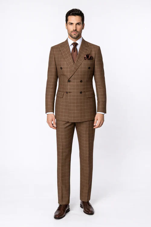Rossiman Men’s Brown Plaid Suit – Classic Fit with Baggy Pleated Wide-Leg Wool Trousers