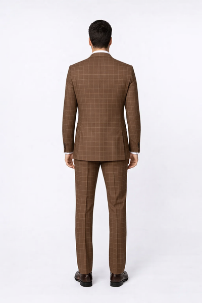 Suits With Baggy Pleated Pants - Wide Leg Pants 100% Wool - Classic Fit in Brown Plaid Color by Rossiman