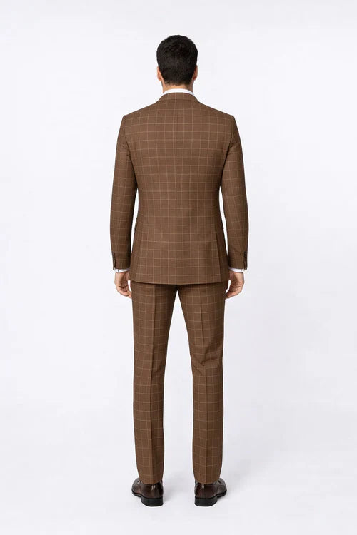 Suits With Baggy Pleated Pants - Wide Leg Pants 100% Wool - Classic Fit in Brown Plaid Color by Rossiman USA Men's Outlet