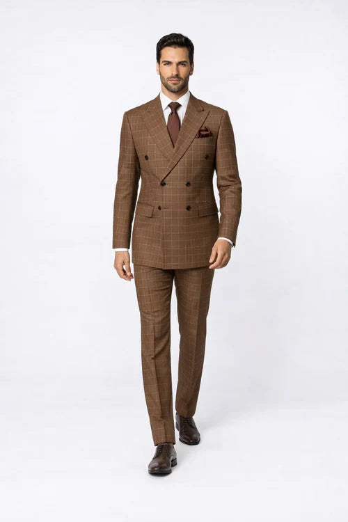 Rossiman Men’s Brown Plaid Suit – Classic Fit with Baggy Pleated Wide-Leg Wool Trousers