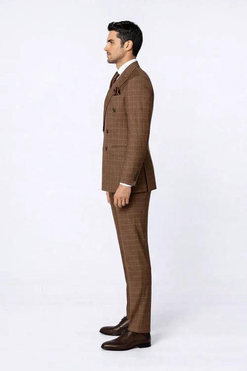 Suits With Baggy Pleated Pants - Wide Leg Pants 100% Wool - Classic Fit in Brown Plaid Color by Rossiman USA Men's Outlet