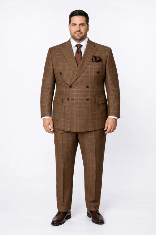 Suits With Baggy Pleated Pants - Wide Leg Pants 100% Wool - Classic Fit in Brown Plaid Color by Rossiman USA Men's Outlet