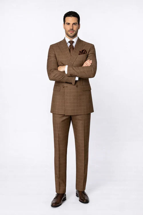 Suits With Baggy Pleated Pants - Wide Leg Pants 100% Wool - Classic Fit in Brown Plaid Color by Rossiman USA Men's Outlet