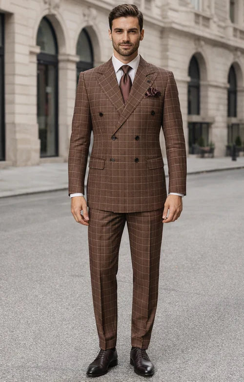 Suits With Baggy Pleated Pants - Wide Leg Pants 100% Wool - Classic Fit in Brown Plaid Color by Rossiman USA Men's Outlet