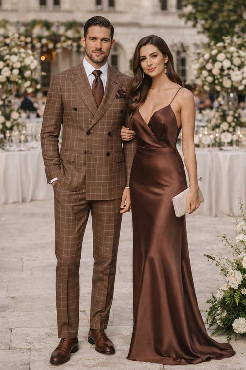 Suits With Baggy Pleated Pants - Wide Leg Pants 100% Wool - Classic Fit in Brown Plaid Color by Rossiman USA Men's Outlet